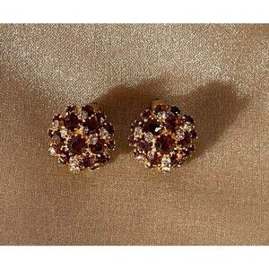 Vintage 50s Brown Crystal Earrings 1950s Retro Austria Button Round Clip Ons
